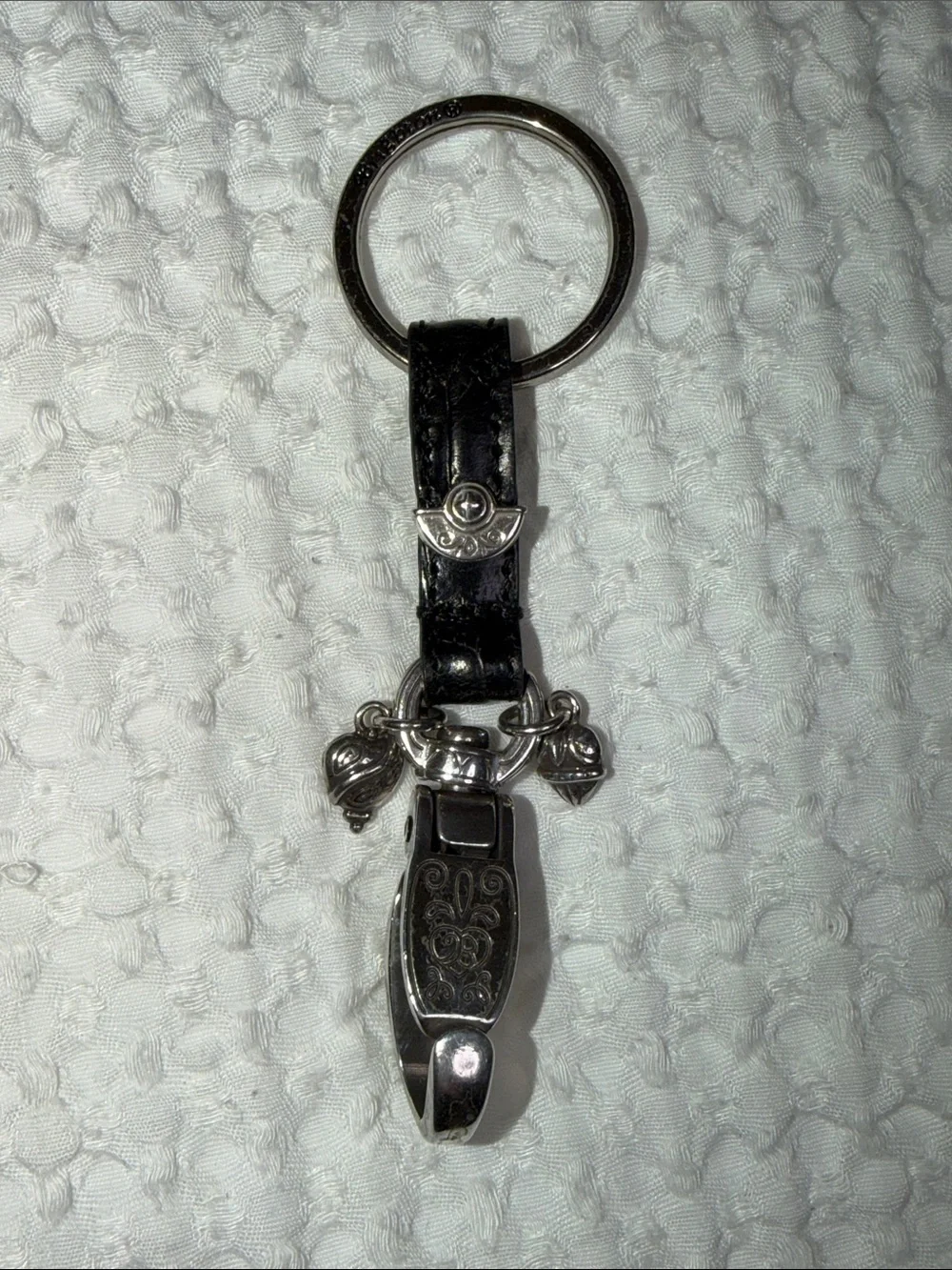 BRIGHTON, Leather and Silver Tone Keychain with Decorative Clip - Black